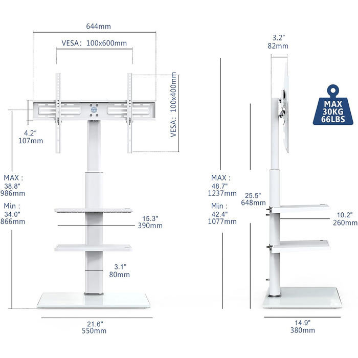 Підставка для телевізора FITUEYES біла, на підлогу, поворотна, регульована по висоті, для телевізорів 32-60 дюймів (плоских та curved), до 30 кг, VESA 600x400