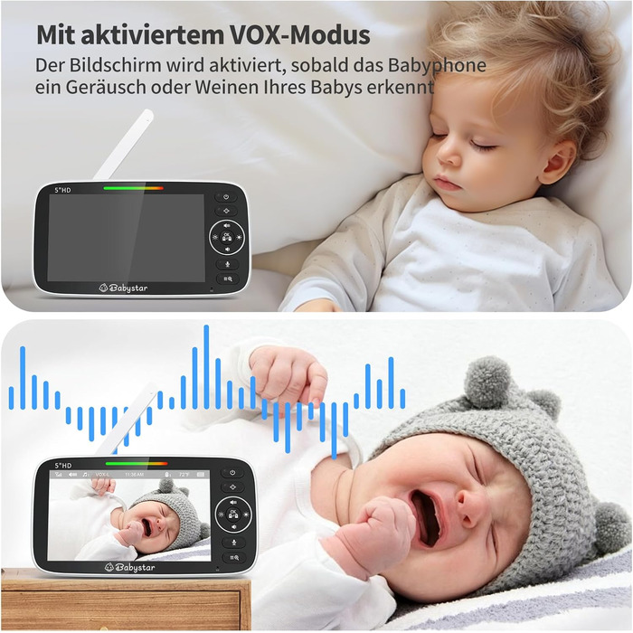 Дитячий відеоняня Babystar з камерою, 5 дюймів, 720P HD, без Wi-Fi, акумулятор 4000 mAh, Vox-функція, датчик температури, нічне бачення, 2-сторонній аудіо