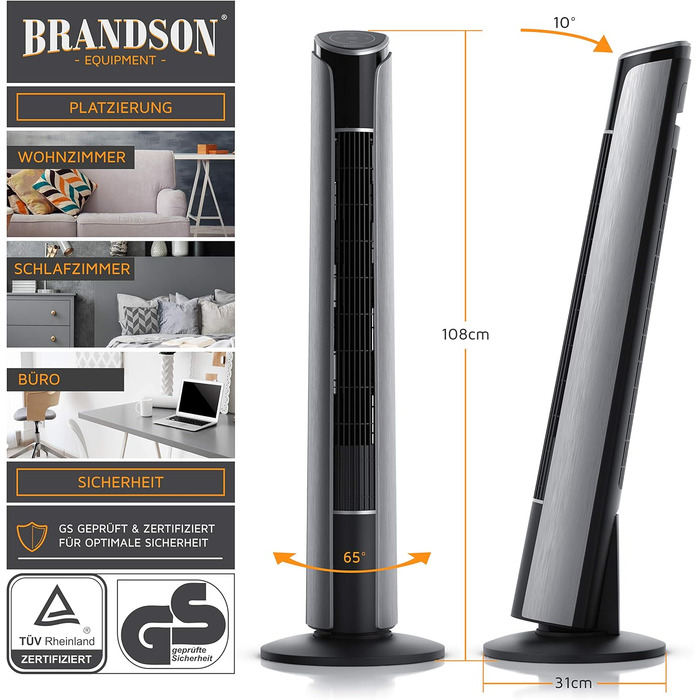 Вентилятор підлоговий Brandson Titan 108cm з пультом керування, нахил 10°, 4 режими, 3 швидкості, сталевий колір
