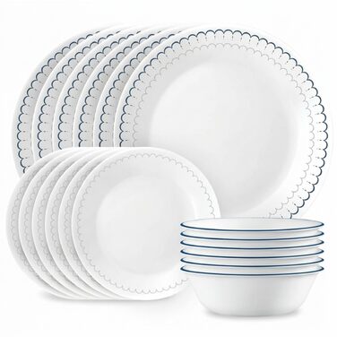 Посуд Corelle 18 предметів на 6 осіб, синьо-білий, міцний, для мікрохвильовки та посудомийної машини