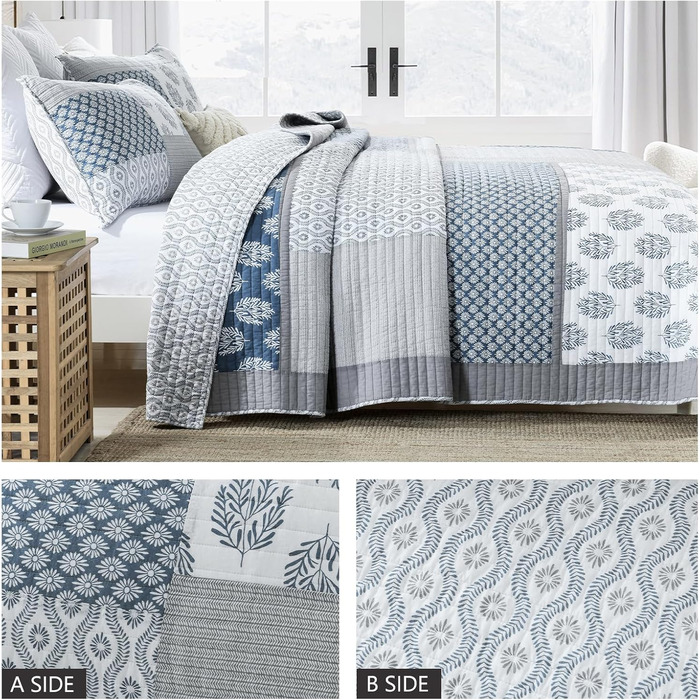 Комплект постільної білизни Finlonte Quilt Twin (1.5), блакитно-сірий-білий, 2-х частинний, 183x218 см