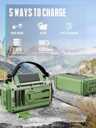 Радіо на батареї 12000mAh | Радіо з ручкою та сонячною панеллю | AM/FM/SW, SOS, USB-C | Водонепроникне IPX4, ліхтарик, для кемпінгу та відпочинку на природі