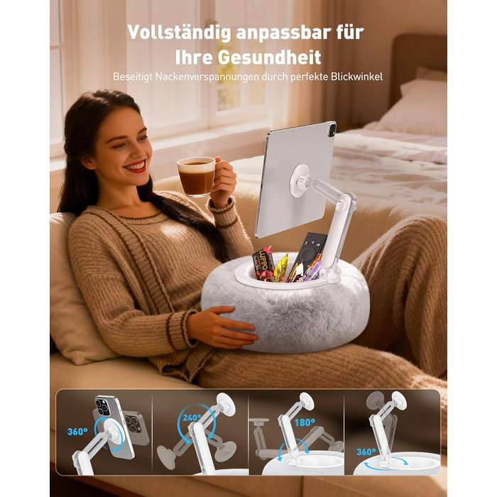 Магнітна підставка-подушка AboveTEK для Kindle, планшетів та смартфонів (4,7-13 дюймів), регульований тримач 360° для ліжка та дивана, м'який, сірий