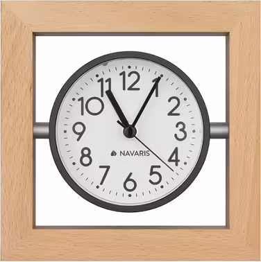 Navaris Analog Wooden Table Clock Square Design - 13.2 x 13.2 x 4.3cm - Analog Clock Without Ticking White Dial - Vintage Pointer Wooden Clock Light Brown