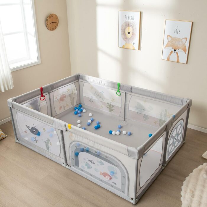COSTWAY 205 x 147cm Playpen Baby foldable, Play Yard with 50 Balls, 2 Doors, Side Pocket, Breathable Mesh & Zipper, Playpen Tent for Infants & Toddlers (Gray-Fish) Gray-Fish Without Mattress