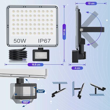 LED Floodlights with Motion Sensor Outdoor 50W 2 Pack, 5000LM LED Spotlights with Motion Sensor, 7000K Cool White Outdoor Floodlights, IP67 Waterproof Floodlights for Warehouse, Garden, Garage