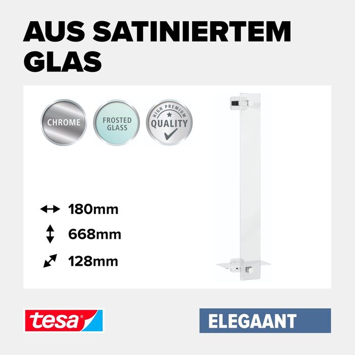 tesa ELEGAANT Towel Rail for Guest WC, including adhesive solution, elegant design, metal, chrome-plated, guaranteed rust-free, 180mm x 668mm x 128mm
