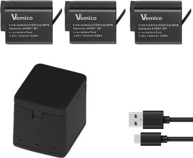 Зарядний комплект Vemico Hero 7/6/5: 3 акумулятори 1500mAh, зарядний пристрій з LED, Type-C, сумісний з Hero 7/6/5/2018, AHDBT-501