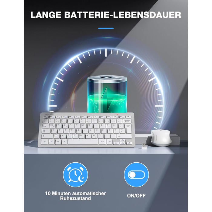 Бездротова клавіатура та миша TECKNET QWERTZ, 2.4 GHz, 15м, тиха, для ПК, ноутбука, Smart TV, білий/сріблястий