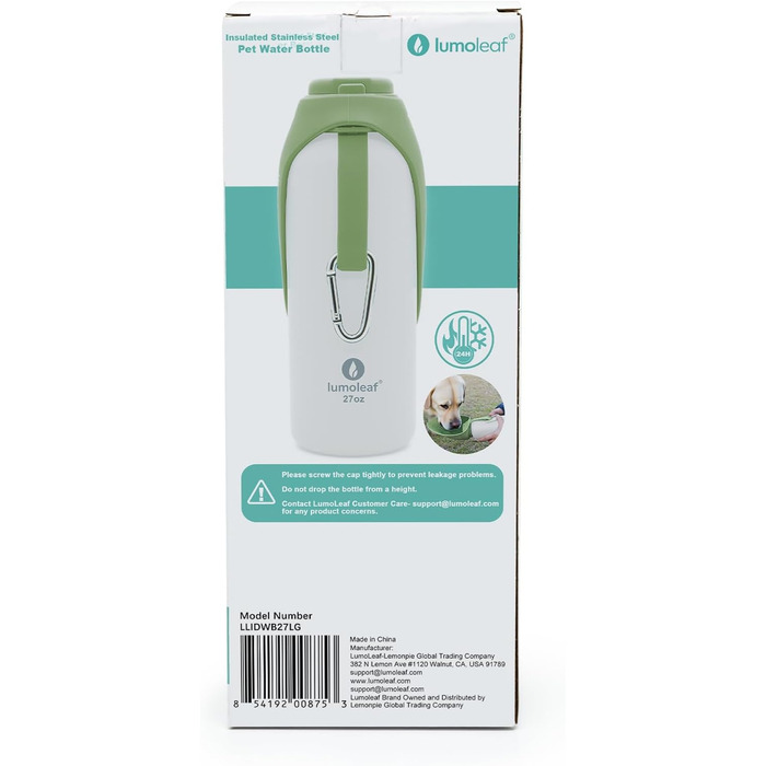 Термофляга для собак LumoLeaf з нержавіючої сталі, 800 мл, зелена - зберігає воду холодною/теплою, довговічна, портативна