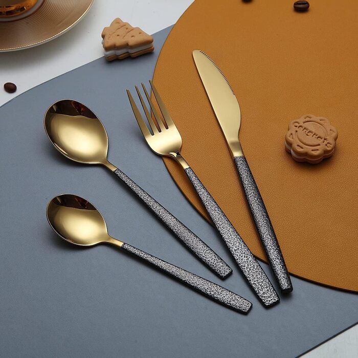 Набір столових приборів 24 предмети з золотими ручками та чорним мармуровим покриттям, нержавіюча сталь, ніж з титановим покриттям, для 6 осіб