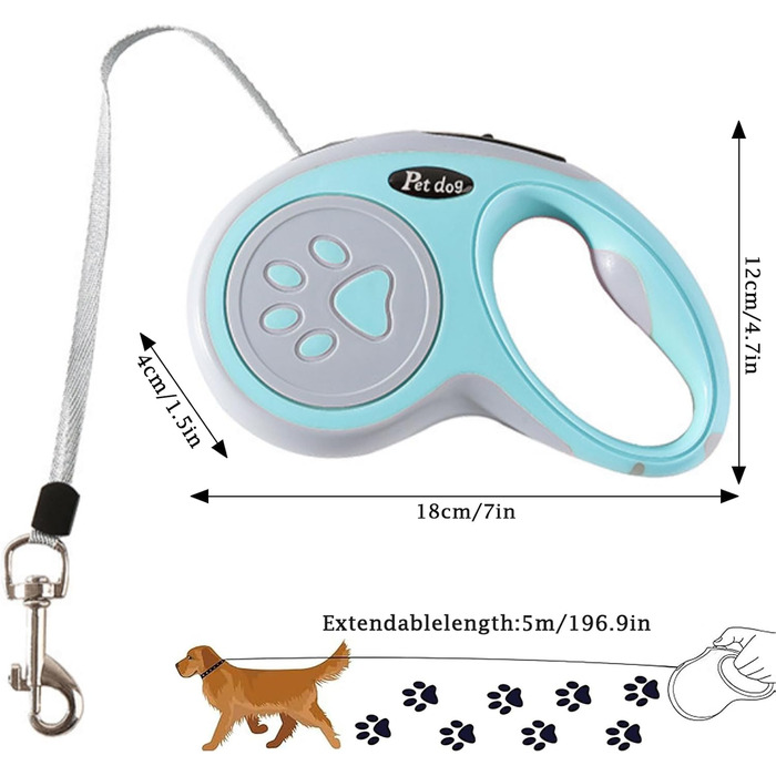 Висувна поводок для собак, 5 м, тренувальний поводок з міцної нейлонової стрічки, одноручна гальма та пауза без переплетень, замок для собак маленьких та середніх порід (Рожевий) (Блакитний)