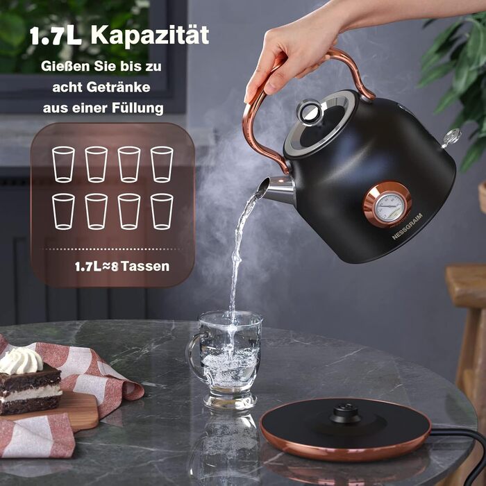 Чайник електричний NESSGRAIM Retro, 1.7л, чорний, з LED-індикатором та великим термометром