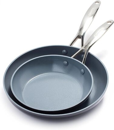 Набір сковорідок GreenPan Valencia Pro з антипригарним покриттям Hartelox, 20 см та 26 см, не містить PFAS, з нержавіючою ручкою, для індукційних плит, безпечний для здоров'я, сумісний з посудомийною машиною та духовкою, сірий колір