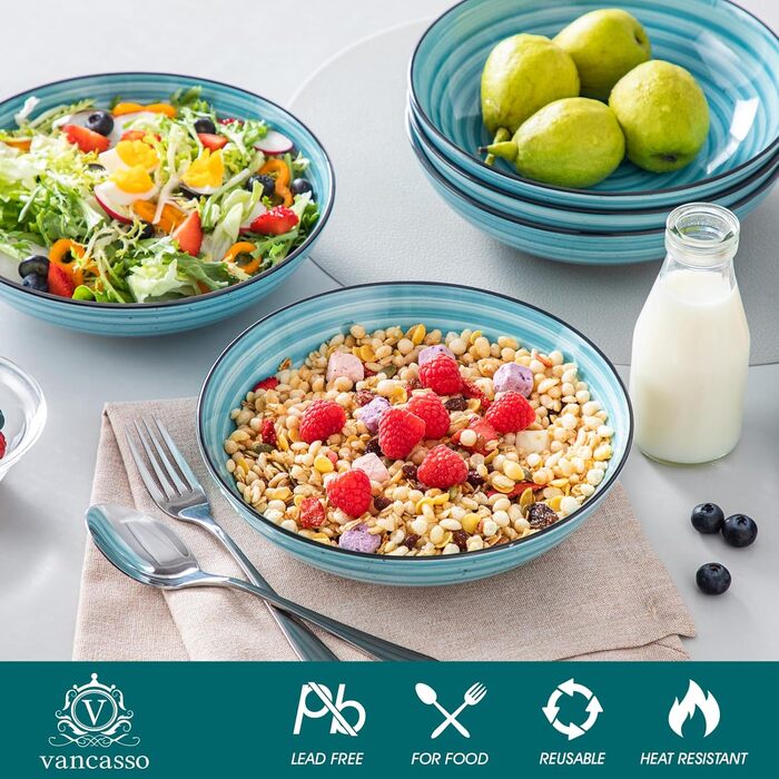 Набір супових тарілок Vancasso Bonbon (6 шт.), супові миски з кераміки, об'єм 1500 мл, глибокі тарілки для пасти, салатники, придатні для миття в посудомийній машині та використання в мікрохвильовій печі, блакитні
