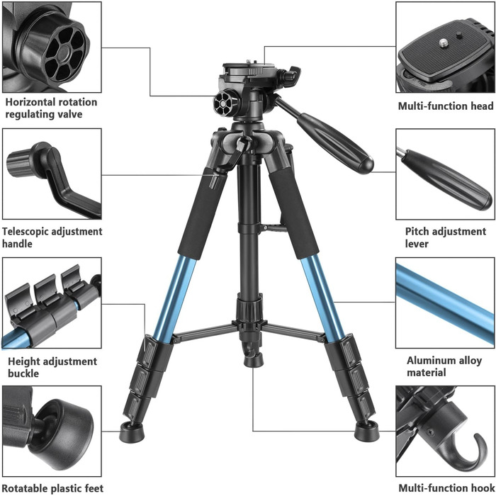 Штатив для камери Neewer 142 см з алюмінієвого сплаву з 3-стороннім поворотним кріпленням, сумка, підтримка до 4 кг, синій (SAB234)