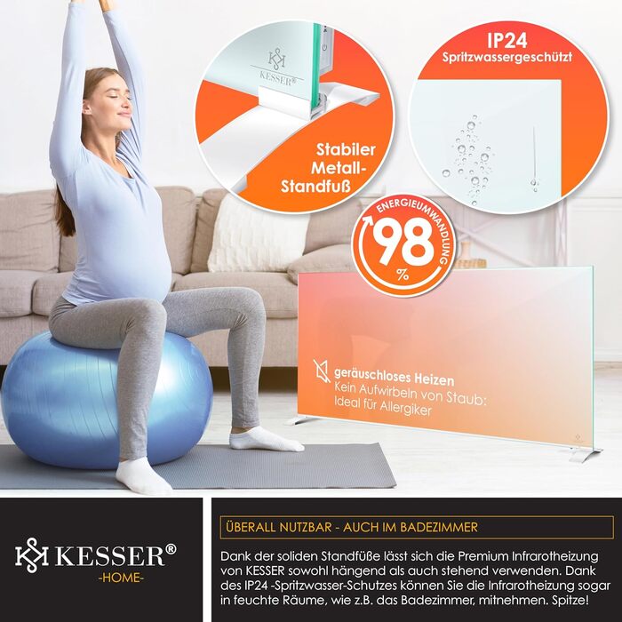 Інфрачервовий обігрівач KESSER®: скляний конвектор, енергозбереження, 2-в-1 (стійка/стіна), з датчиком відчинених вікон, пультом та керуванням через додаток, термостат, 600W, білий