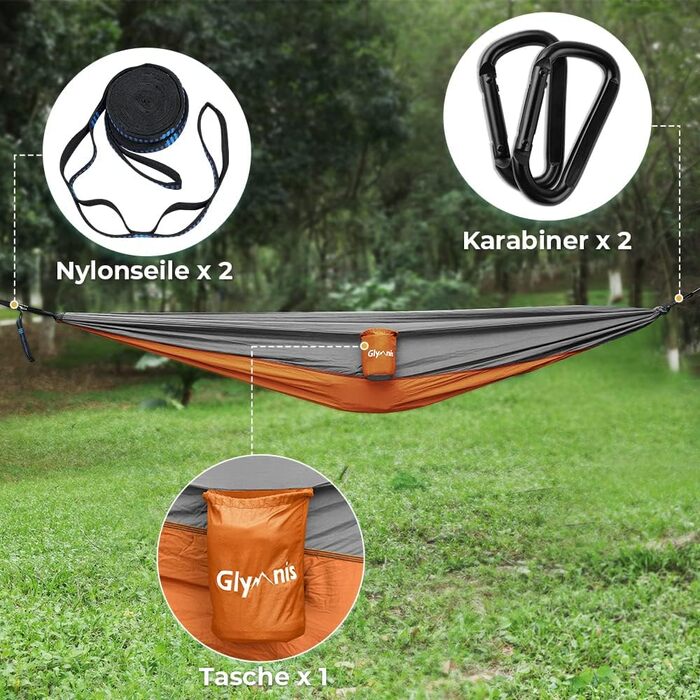 Гімніс Гамак для відпочинку на відкритому повітрі Ultraleicht, 275x140 см, з мотузками та карабінами, 300 кг, Оранжевий - Сірий