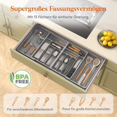 Органайзер для столових приборів Lifewit в шухляду, регульований (54.1-91.4 см x 43 см), 11-13 відділень, пластиковий, для ножів, виделок, ложок