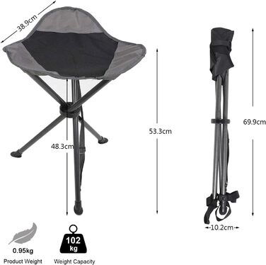 Складаний табурет EVER ADVANCED для кемпінгу, риболовлі та походів. Легкий, міцний (102 кг), з кишенею, чорно-сірий