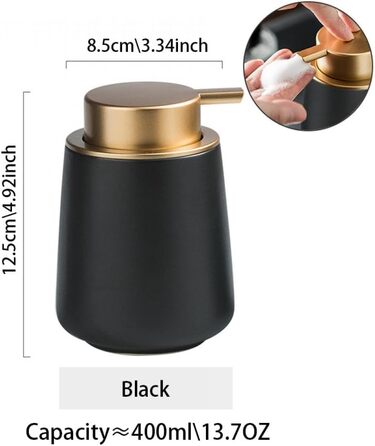Дозатор для мила XUDREZ, керамічний, 380 мл, для кухні, чорний. Підходить для мила, шампуню, гелю для душу.