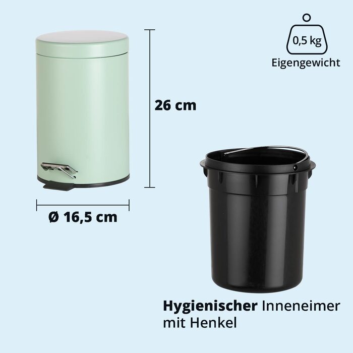 Сміттєвий відер з педаллю KHG Kosmetik 3 л, алюмінієвий, матовий м'ятний колір, з виймаючим внутрішнім відром для ванної кімнати, офісу та кухні