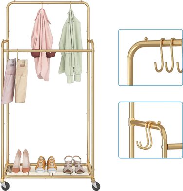 Clothes rack with double bar, sturdy clothes rack on wheels for hanging clothes, with 4 hooks, gold