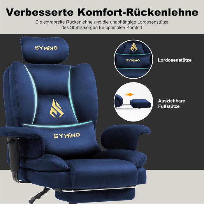 Ігровий крісло Symino, ергономічний офісний крісло з підніжкою, штучна замша, 130 кг, темно-синій