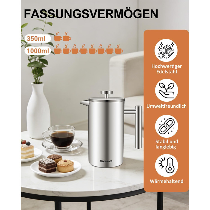 Френч-прес 1000 мл / 8 чашок, кавоварка з нержавіючої сталі, подвійні стінки, ізольована, з фільтром - 1 літр