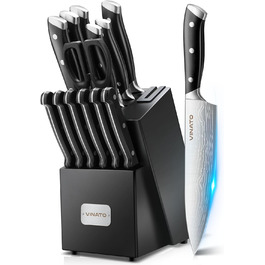 VINATO 14-Piece Knife Block Set with Sharpener - Damascus Pattern Kitchen Knife Set - Professional Chef's Knife Set, Black