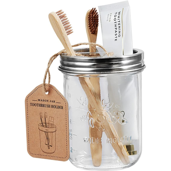 Mason Jar Bathroom Accessories Set, 4 Piece, Foaming Soap Dispenser & 2 Qtip Holders & Toothbrush Holder, Rustic Farmhouse Decor, Apothecary Glass, Countryside Countertop (Black) (Luxurious, Rustic, Brushed Nickel)