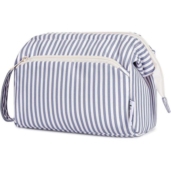 Косметичка жіноча Narwey для подорожей: велика, з широким відкриванням (сіро-блакитна смугаста)