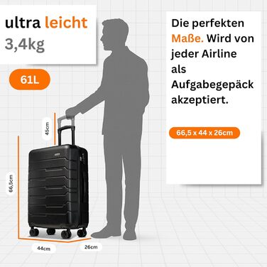 Чемодан NOWI Bergamo: водонепроникний, 8 коліс, 360°, телескопічна ручка, повне внутрішнє оздоблення (L, Чорний Midnight)