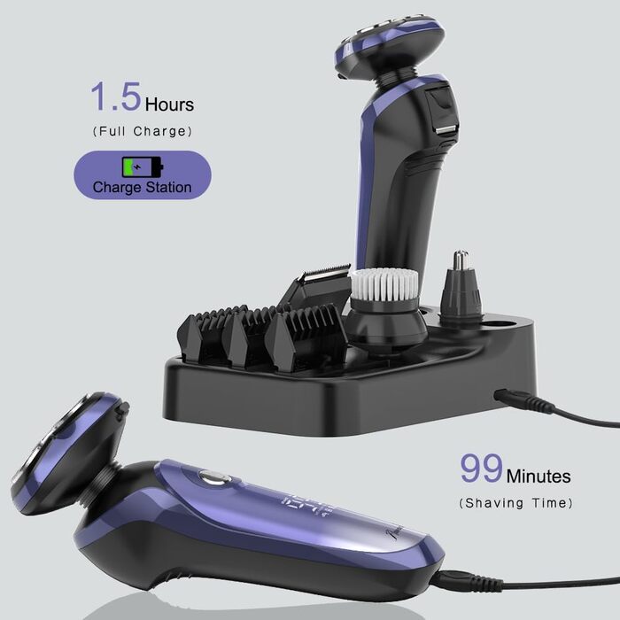 Електричний гоління для чоловіків Amurhey 5-в-1, тример для бороди, 3 насадки, 99 хв роботи, для мокрого та сухого гоління, станція зарядки, подарунок для чоловіків
