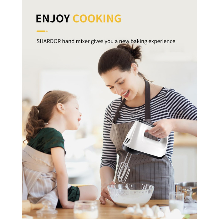 Електричний ручний міксер 6 швидкостей з турбо-режимом, без розбризкування, 400W, тихий мотор, білий, з аксесуарами з нержавіючої сталі