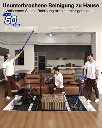 PINICO Бездротовий акумуляторний пилосос 550W з автоматичним режимом та щіткою Anti-Tangle, для твердих підлог, килимів та шерсті тварин (Blue+grey)