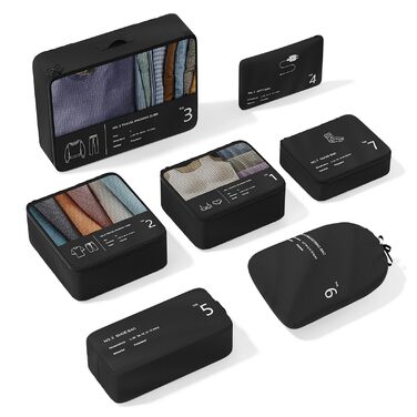 Органайзер для валізи Yomisee, набір 7 шт. - комплект кубиків для пакування, туристичні сумки для одягу, чорний