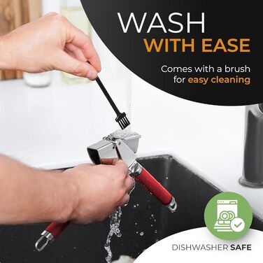 ORBLUE Прес для часнику з нержавіючої сталі червоний – Преміум прес для часнику та тертка для часнику – Прес для часнику з силіконовим очищувачем та щіткою, міцний, ергономічний та придатний для миття в посудомийній машині