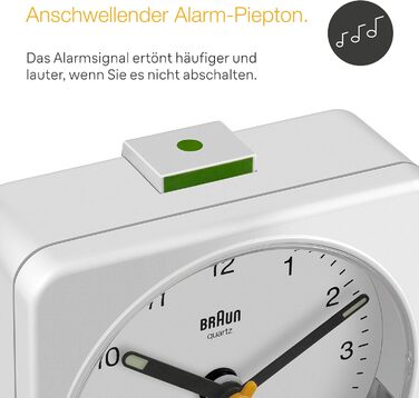Braun Classic Analog Alarm Clock with Snooze Function and Light, Silent Quartz Movement, Crescendo Alarm, White Model BC03W