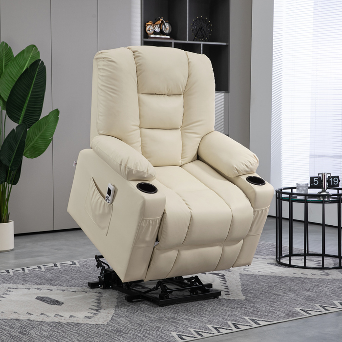 HOMCOM Electric Recliner with Lift Assist, USB Massage Chair with Remote Control, Wheels & Cup Holder in Cream