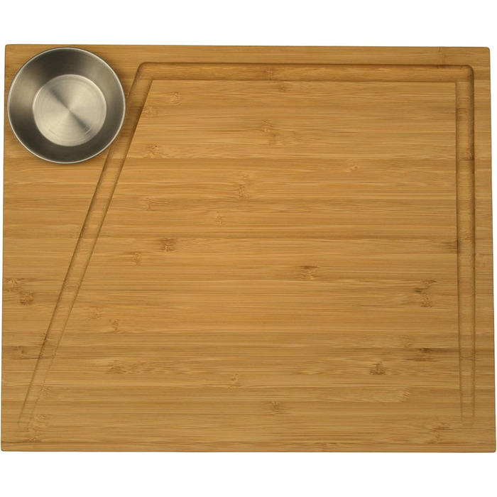 Bamboo Steak Board 2-Piece Set with Stainless Steel Sauce Containers and Juice Groove, Professional Wooden Serving Board for Meat, with 4 Non-Slip Feet, Dimensions: 30 x 25 x 3 cm