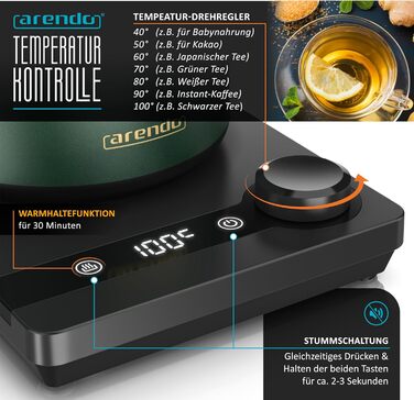 Електричний чайник Arendo з регулюванням температури 40-100°C, 0.6 л, з цифровою основою, з індикатором температури, BPA Free, функція підтримки тепла, чорно-зелений