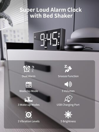 ROCAM Vibration Alarm Clock, Loud Alarm Clock for Deep Sleepers, 7'' Large Display, Bold Font, Digital, Adjustable Brightness, Dual Alarm, Snooze, USB Charger, for Use in the Bedroom (white)