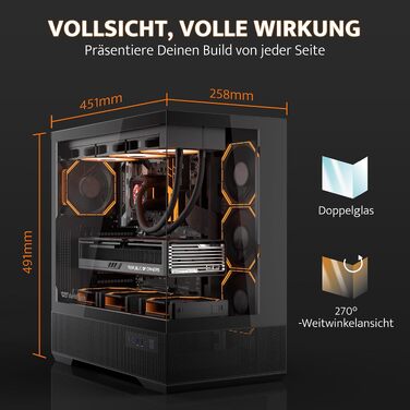 Ігровий корпус darkFlash LAND451 Midi Tower ATX, підтримка BTF-материнських плат, вертикальна установка відеокарти (до RTX 5090), Type-C, підтримка 2x360мм СРО, панорамний дизайн, чорний