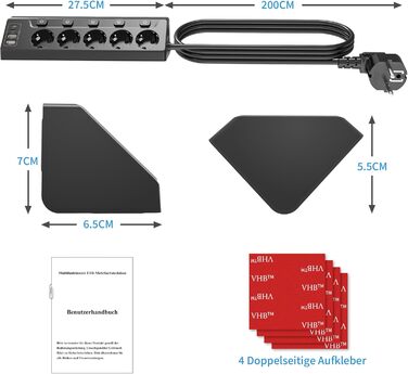 Багатофункціональна мережа роз'ємів 9 в 1 з вимикачем, USB-роз'єм 5 шт., кабель 2 м, кутова мережа роз'ємів чорного кольору, індивідуальне перемикання, для кухні та столу