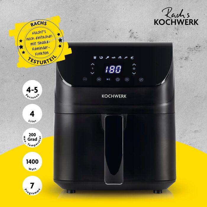 Цифрова аерофритюрниця Rachs KOCHWERK 4 л з сенсорним екраном, 1400 Вт, чорна — безмасляне приготування, гриль, випічка, легке очищення, функція нагадування