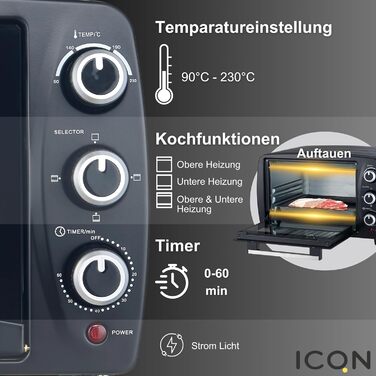 Міні-піч ICQN 50L з конвекцією, 1800 Вт, підсвічуванням, 5 функцій, таймер 60 хв, комплект деко, міні-печі (15 л)