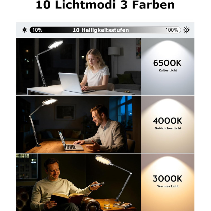 Світлодіодна лампа настільна з регулюванням яскравості, захистом для очей, 3 режими кольору, сенсорне керування, пам'ять, 15W, поворотний кріплення, чорний колір, 1 шт.