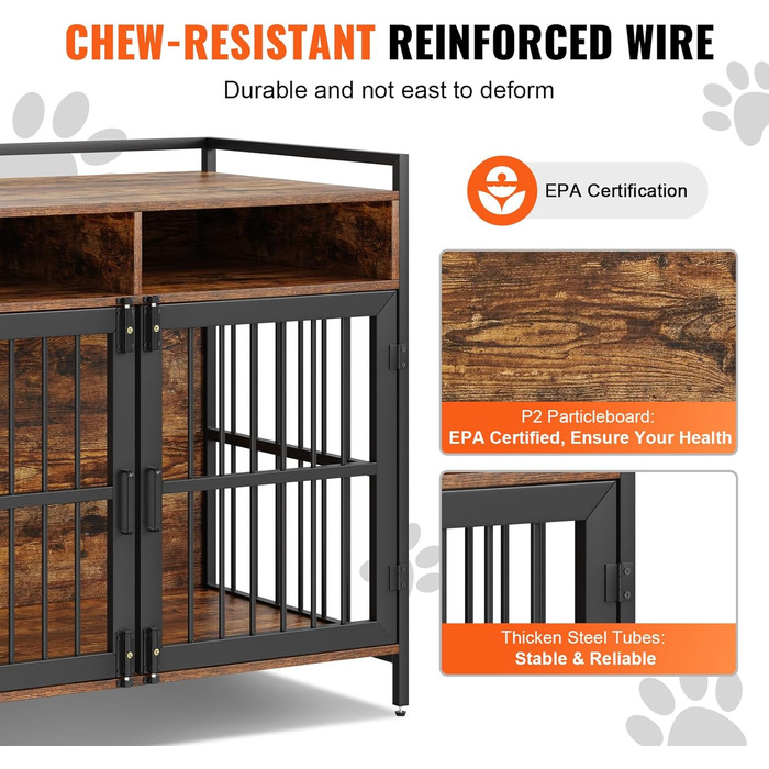 Клітка для собак VEVOR 1041x599x919 мм з міцного вуглецевої сталі та П2 ДСП, вінтажний дизайн, з подвійними дверима, чорна