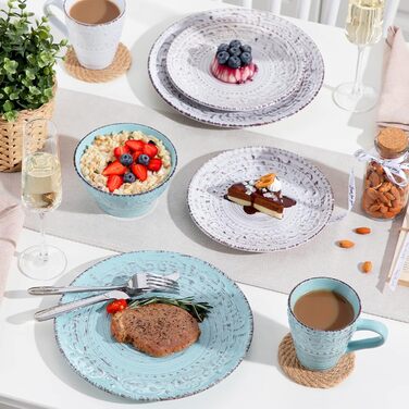 Tableware stoneware, vancasso VINE Ess Geschirrset, 16-piece combination tableware set with 4 dinner plates, cake plates, bowls, and cups each for 4 people, embossed vine design 16-piece tableware set Vine series